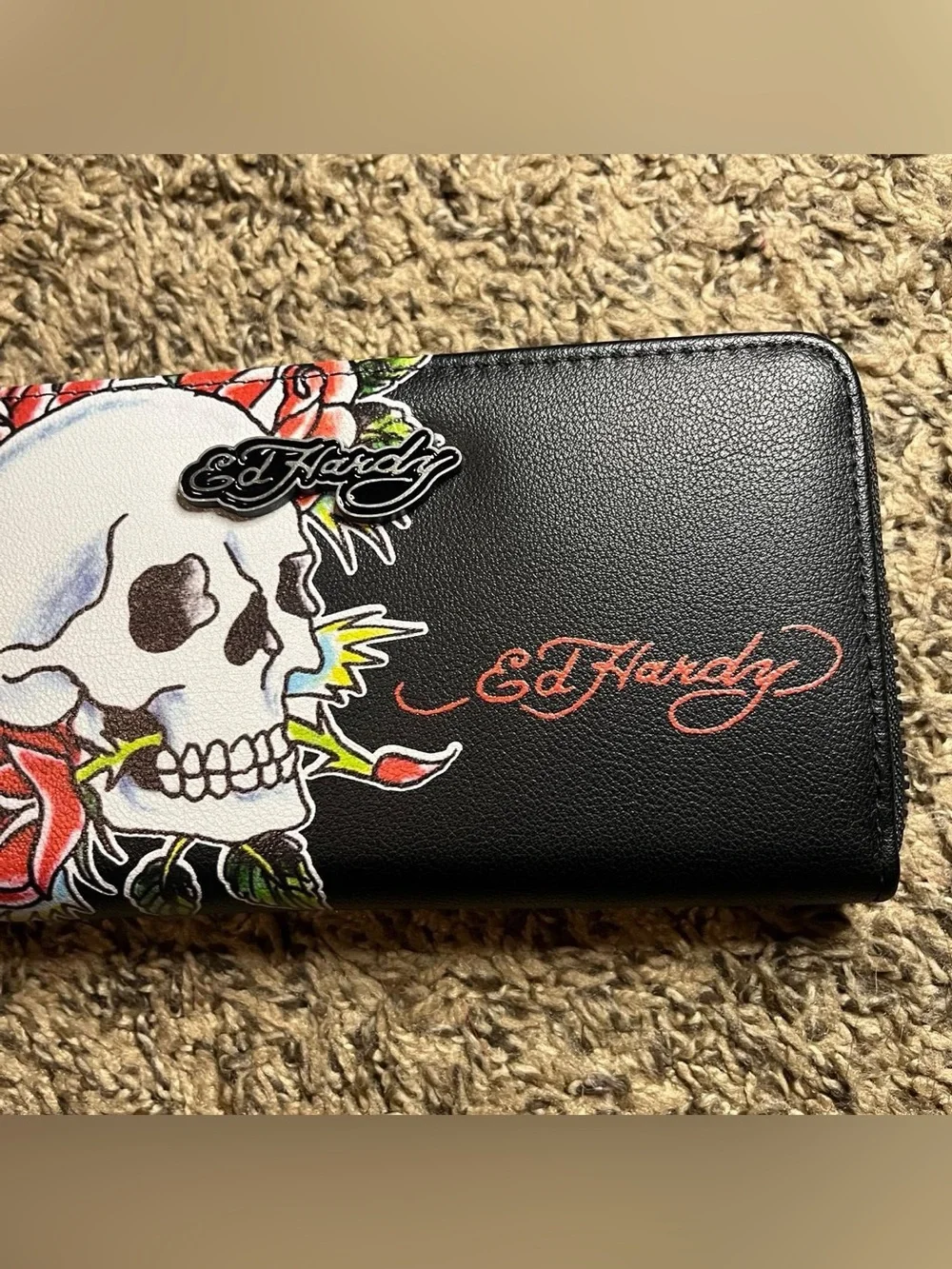 Ed Hardy Black Wallet with Skull & Red Rose Graphic